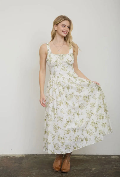 Floral Pattern Front Tie Corset Midi Dress (Olive)