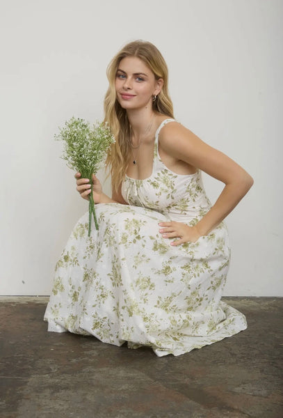 Floral Pattern Front Tie Corset Midi Dress (Olive)