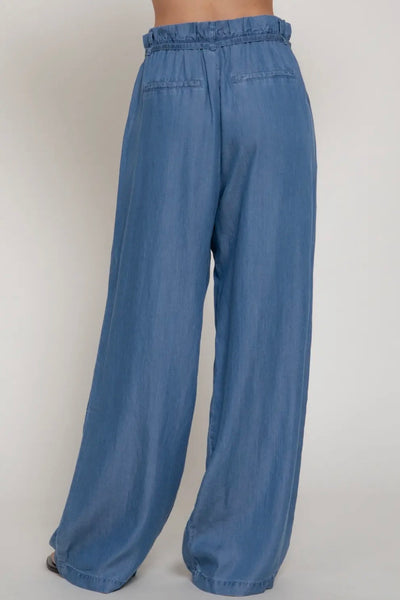 Paperbag Belt-Tie Lyocell Straight Leg Long Pants (Medium Denim)