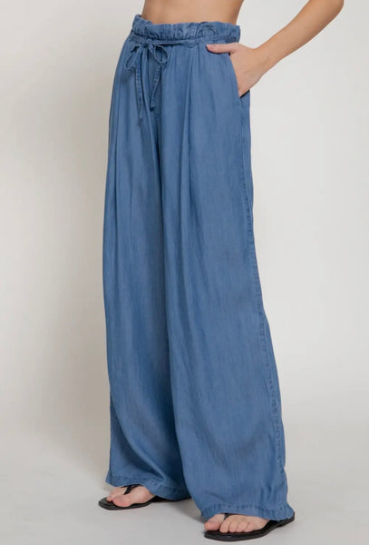 Paperbag Belt-Tie Lyocell Straight Leg Long Pants (Medium Denim)